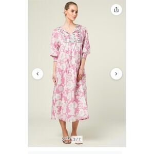 Antik Batik Anthropologie Peony Maxi Pink Floral Embroidered Cotton Dress XS/36